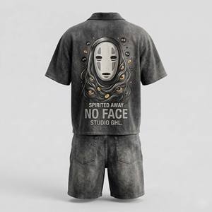 ชุดเซ็ตเสื้อยืดและกางเกงขาสั้นผู้ชายสไตล์วินเทจพิมพ์ลายพัฟแบบไม่มีลายหน้า  ใส่สบายสำหรับฤดูร้อน  แบบ 2 ชิ้นเข้าชุดกัน  สตรีทแวร์  ย้อมสีแบบแอซิดวอช  สีดำซีดแบบซันเฟด - Product Image 2