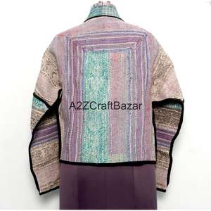 Chaqueta de Punto Reversible Hecha a Mano, Ecológica, Transpirable, de Secado Rápido, Estilo Vintage Kantha, con Cuello Alto y Botones, para Mujer, 100% Algodón, Otoño - Product Image 5