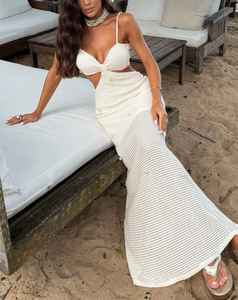 Vestido largo maxi blanco marfil con aberturas para mujer, de verano, para playa, con tirantes finos, ajustado, para fiesta en la playa - Product Image 2