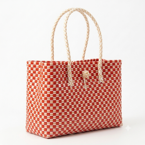 Eco-friendly Waterproof Durable Ladies Handbag Recycled <b>Plastic</b> Material Loop & Button Closure Woven Bag Red and White Color - Product Image 5