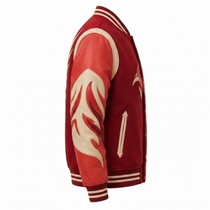 <b>Red</b> <b>Wool</b> And Leather Sleeves Varsity Letterman Jacket With Bird Embroidery And Snap Button Closure Street wear Autumn - Product Image 3