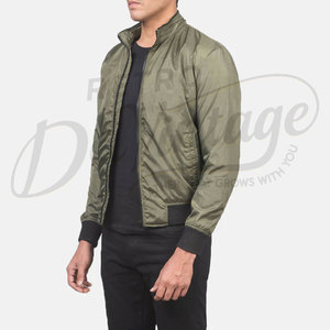 Custom Men Olive Green Bomber <b>Jacket</b> Lightweight Windproof Flight Varsity <b>Jacket</b> with Contrast Black Ribbed Cuffs and Hem - Product Image 4