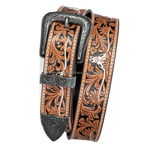 Ceinture d'outillage en cuir occidental pour hommes, durable, avec boucle et boucle florale en argent antique. - Product Image 3