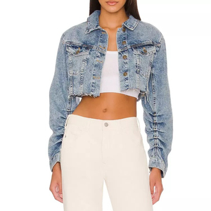 High Quality OEM Service Custom Made Short Length Women's Blue Cotton Jean <b>Jacket</b> Wool Lined Autumn Winter Plain Stretch Knitted - Product Image 4