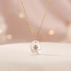 Collar con colgante de cuarzo rosa y circonita cúbica, chapado en oro de 18k, para mujer, accesorios de moda, joyería al por mayor. - Product Image 3