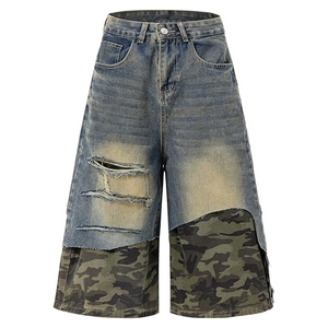 Shorts en jean décontractés pour hommes, coupe ample, style skateboard, robustes, avec logo personnalisé, en denim épais et ample - Product Image 1