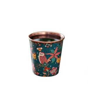 Vaso de Cobre Puro Impreso de Primera Calidad, Lujoso y Clásico con Diseño Floral de Búho, Vaso Metálico Resistente de Forma Cónica, Elegante y Tradicional - Product Image 1