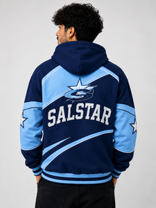 เสื้อฮู้ดดี้ผู้ชายสไตล์วินเทจสีน้ำเงินแบบมีซิป พร้อมฮู้ด  เสื้อสเวตเชิ้ตพรีเมียมแนวสตรีทแวร์  ตกแต่งด้วยแผงผ้าตัดกัน  รับสกรีนโลโก้ตามสั่ง - Product Image 4