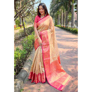 Sari en soie tissée Chickoo Kanchipuram de qualité supérieure, châle et écharpe traditionnels tissés en zari - Product Image 3