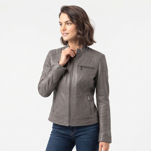 Veste en cuir véritable pour femme, style vintage, veste de motard en cuir, veste en cuir tricotée avec poche poitrine pour femme - Product Image 5