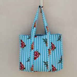 Premium Blue Striped Quilted Cotton Tote <b>Bag</b> Citrus Print Medium Size <b>Long</b> <b>Shoulder</b> <b>Strap</b> Reusable Eco-Friendly Shopping - Product Image 5