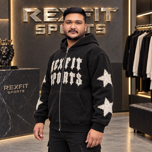 Sudadera con capucha personalizada para hombre, con cremallera, forro polar grueso, aplique de estrella con pedrería, estilo urbano oversize, informal, para invierno - Product Image 2