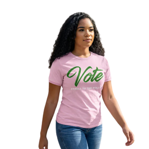 T-shirt imprimé pour femme en coton premium, rose clair et vert, motif « Votez, marchez jusqu'aux urnes », style décontracté et graphique - Product Image 4