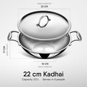 Olla Kadhai Triple de Acero Inoxidable con Tapa, 2.0 L, 22 cm, Hecha a Mano, Apta para Congelador, Compatible con Inducción y Gas - Product Image 2