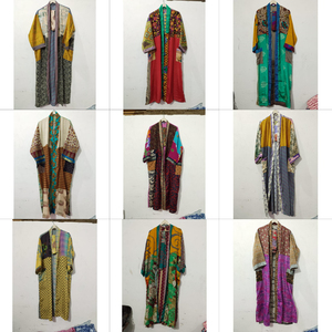 ชุดคลุมบิกินี่ ชุดชายหาด เสื้อคลุมอาบน้ำ ผ้าไหมวินเทจลายปะติดปะต่อ ชุดเดรสยาวแบบส่าหรี คิโมโน ชุดว่ายน้ำ ผ้าไหมแท้ 100% ยาวเต็มตัว แห้งเร็ว เซ็กซี่ - Product Image 1