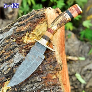 Cuchillo de Caza Damasco Hecho a Mano Personalizado con Mango de Asta de Ciervo, Cuchillo de Supervivencia de Hoja Fija para Camping con Funda de Cuero Genuino OEM - Product Image 5