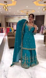 Turquoise Embroidered Woven Chiffon Salwar Kameez Set Faux Georgette <b>Kurta</b> Palazzo Dupatta Thread Work <b>Women</b> Party Outfit - Product Image 4