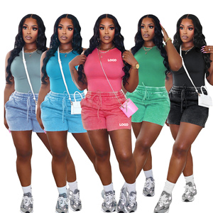 Wholesale Women's <b>Sets</b> Lounge wear Summer <b>Sets</b> Street wear Women's Casual Washed <b>Sexy</b> Solid Color 2 Piece Acid Wash Shorts <b>Set</b> - Product Image 1