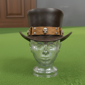 Diseña tu propio sombrero de copa de cuero marrón hecho a mano de calidad premium, estilo steampunk gótico para motociclistas y festivales. - Product Image 3