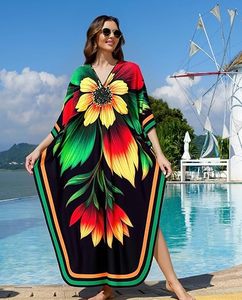 Robe longue florale à col en V, manches trois-quarts, coupe ample, style bohème, vêtements de plage pour femmes, polyester léger - Product Image 5