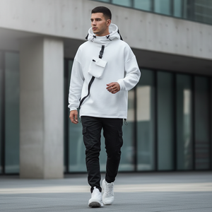 Sweat-shirt tendance pour homme, blanc, style techwear, urbain, tactique, cyberpunk, multi-poches, avec sangles, hip hop, surdimensionné, streetwear ninja - Product Image 5
