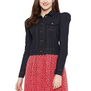 Blazer de Mezclilla Oscuro para Mujer, Manga Larga, Cuello Camisero, Cierre de Botón, Corte Corto, Color Sólido, Chaqueta de Otoño - Product Image 1