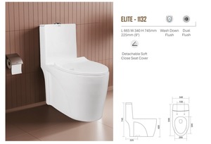 ONE PIECE CLOSET WITH 665X340X745mm WASH DOWN FLUSH DUAL FLUSH SOFT CLOSE <b>SEAT</b> COVER S TRAP 225mm - Product Image 2