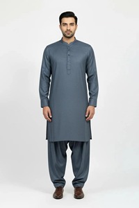 Kurta en coton bleu pour homme, manches longues, couleur unie, coupe classique, décontracté, pour tous les jours, longueur cheville, col chemise, style Inde Pakistan - Product Image 1