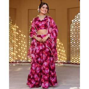 Conjunto de Lehenga de Chifón Transpirable con Estampado Floral de Vino, Talla XS, para Mujer - Product Image 5