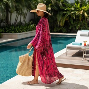 Robe kimono bohème rose tie-dye pour femme, longue, tenue de plage, tenue de vacances, tenue de resort - Product Image 4