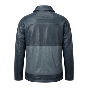 Chaqueta de Cuero Genuino Azul Marino para Hombre, Paneles Plegados en Tono Acero Personalizados, Cierre Frontal Completo, Cuello Alto, Fabricante de Prendas Exteriores - Product Image 2