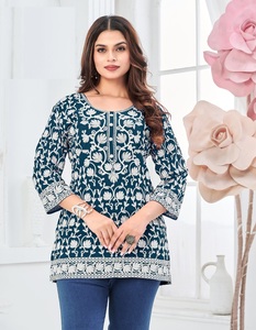 GEORGETTE Kurti Corto para Mujer, con Trabajo Completo de Bordado en la Parte Delantera y Trasera, con Mangas, Estilo Tradicional Indio para Fiestas - Product Image 5