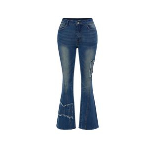 Custom Women Leopard Print Trim Flare Jeans Dark Wash Seam Detail High Waist Denim Pants Vintage Y2K Streetwear <b>Trousers</b> - Product Image 6