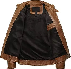 แจ็คเก็ตหนังมอเตอร์ไซค์ทรงสลิมฟิตสีน้ำตาลวินเทจสำหรับผู้ชายรุ่นใหม่ |   เสื้อแจ็คเก็ตหนังวัวคุณภาพพรีเมียมขายส่ง - Product Image 2