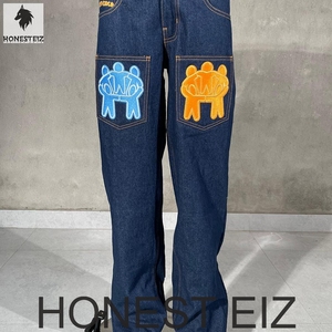 HONEST EIZ Jean en denim vintage taille haute coupe droite pour femme, écologique, longueur intégrale, style streetwear - Product Image 1