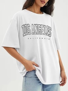 เสื้อยืดคอกลมโอเวอร์ไซส์สีขาวสำหรับผู้หญิง แขนสั้น พิมพ์ลายลอสแอนเจลิส แคลิฟอร์เนีย ผ้าฝ้ายเจอร์ซีย์ 100% ทรงหลวม - Product Image 1
