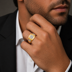 Mens 18KT Yellow Gold Octagonal Square Cluster Cubic Zirconia Signet <b>Ring</b> Two Tone Side Stones <b>Statement</b> Wedding Party Gift Jew - Product Image 1