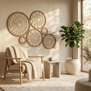 Ensemble de tentures murales circulaires en macramé, design géométrique abstrait, plusieurs pièces, décoration intérieure, pièce d'art pour salon - Product Image 3