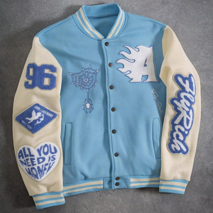 Veste varsity bleu clair à col montant avec patchs et lettrages brodés, style décontracté pour homme, vêtements d'hiver - Product Image 6