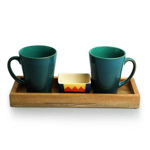Ensemble de tasses à café en céramique turquoise de qualité supérieure avec plateau en bois, finition brillante durable, poignée confortable pour servir le thé et le café - Product Image 2