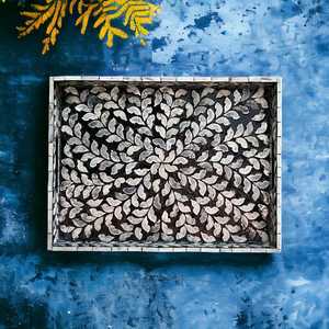 Handcrafted Mother Pearl <b>Tray</b> <b>Black</b> Mosaic Inlay Decorative <b>Serving</b> Storage <b>Tray</b> Wooden Base Luxury Coffee <b>Tray</b> Dishwasher Safe - Product Image 2