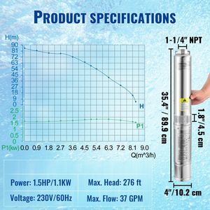 Pompe submersible pour puits profond 1,5 CV 230 V/60 Hz pour l'irrigation agricole, débit de 37 GPM, hauteur de refoulement de 276 pieds, cordon électrique de 33 pieds, en acier inoxydable de 4 pouces - Product Image 6