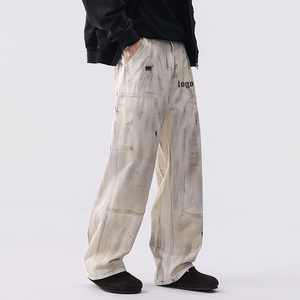 Pantalones Cargo de Estilo Urbano para Hombre, de Mezclilla Lavada y Desgastada, Corte Holgado con Logotipo Estampado, Cintura Media, Estilo Otoñal - Product Image 6