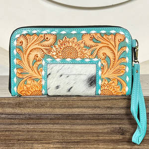 Super September Sunflower Design Mini Bag Genuine Cowhide Hand Tooled Leather <b>Zipper</b> Pattern For Ladies Every Day Use <b>Wallet</b> - Product Image 5