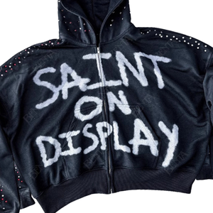 Custom Acid Wash <b>Rhinestone</b> Zip Hoodie – Oversized Cropped Graffiti Hoodie with Crystal Studs, Streetwear Fashion <b>Jacket</b>, OEM - Product Image 2