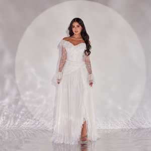 <b>White</b> Off-Shoulder Lace Floor-Length A-Line <b>Evening</b> <b>Gown</b> Sheer Sleeves Ruffled Cuffs Draped Pleated Skirt Bridal Inspired - Product Image 5