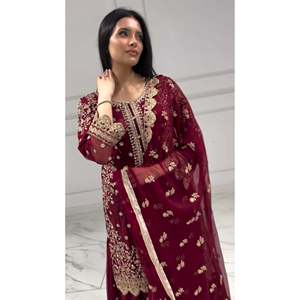 Fancy <b>Top</b>-Plazzo and Dupatta for Wedding Embroidery Sequence Work Salwar Kameez in Polyester Material <b>Maroon</b> HK - Product Image 3