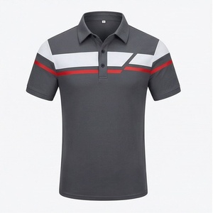 Polo à manches courtes gris pour homme avec rayures géométriques blanches et rouges, design sportif en maille à séchage rapide - Product Image 1
