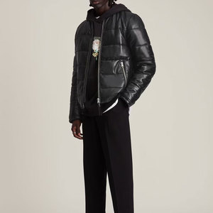 Men's Black PU <b>Leather</b> Hooded Puffer <b>Jacket</b> Moto Biker Style Windproof <b>Winter</b> Zipper Closure Thick Regular Fit - Product Image 4