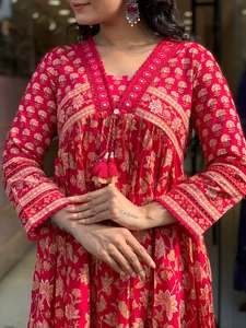 Women's Red Cotton A-Line Traditional Ankle-Length <b>Kurti</b> with Pant & Dupatta Floral Print Loose Fit India Pakistan Style Diwali - Product Image 4